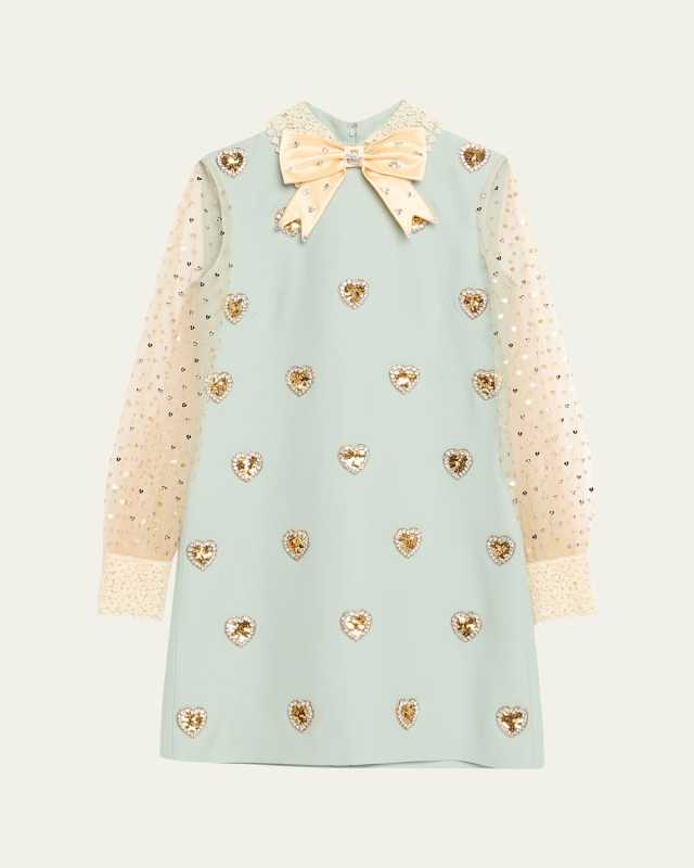 Bow Crystal Heart Sheer Sleeve Wool Mini Dress